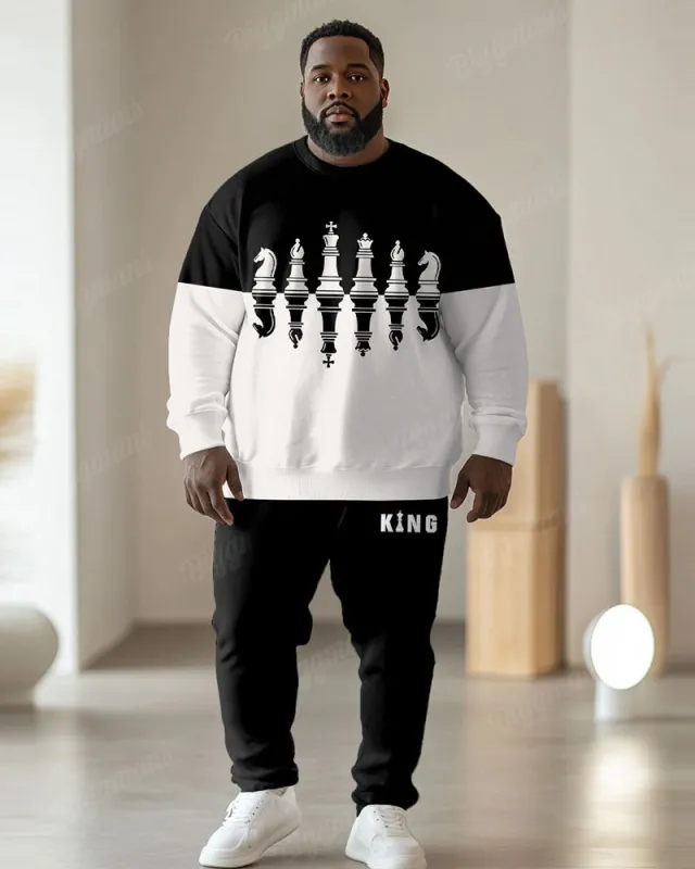 Men's Simple Black And White Color Block King Letter Print Plus Size Round Neck Sweatshirt Suit sold by Biggmans