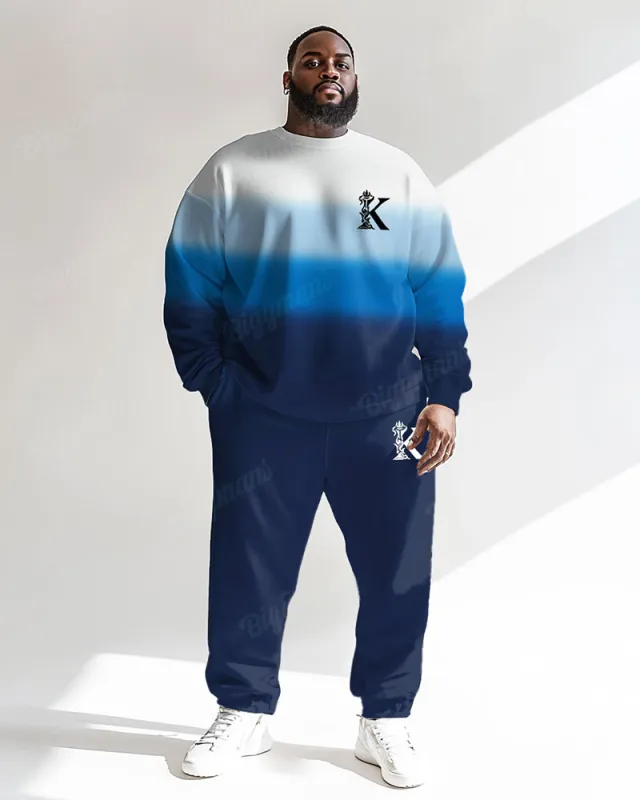 Men's Blue Gradient Colorblock K Letter Print Plus Size Round Neck Sweatshirt Suit sold by Biggmans