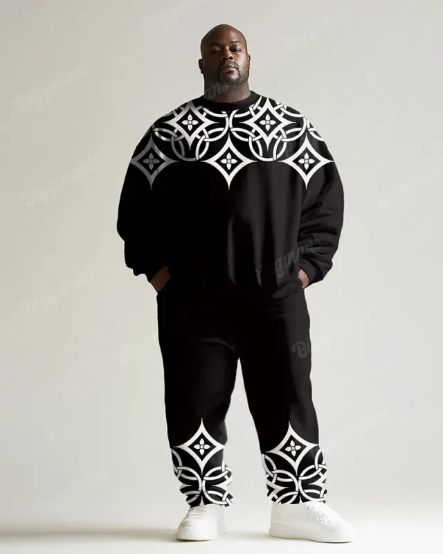 Men's Black Vintage Pattern Printed Plus Size Round Neck Sweatshirt Suit sold by Biggmans