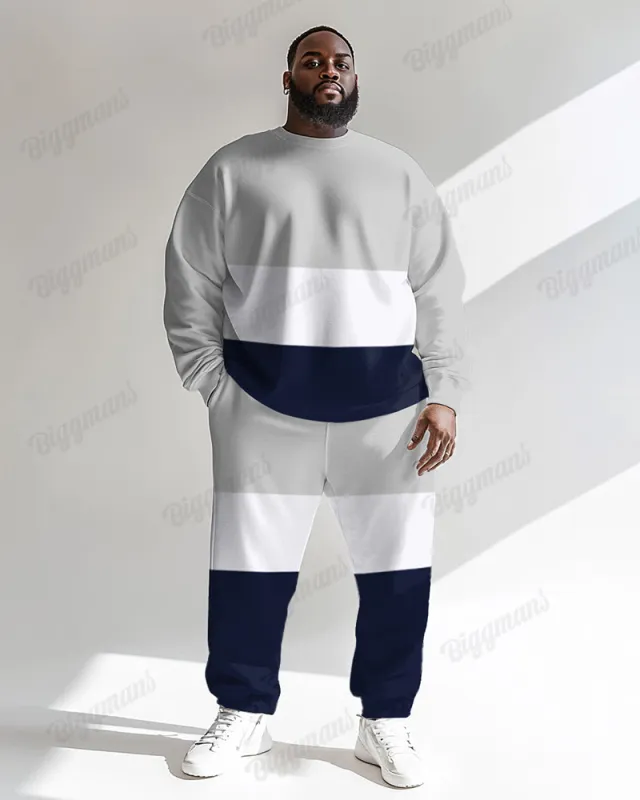 Men's Blue And Grey Colorblock Printed Plus Size Round Neck Sweatshirt Suit sold by Biggmans