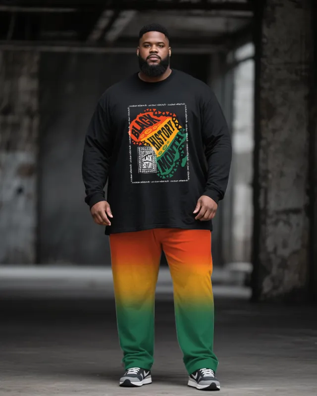 Big & Tall Men's Juneteenth Gradient Letter Print Long Sleeve T-shirt Trousers Suit sold by Biggmans