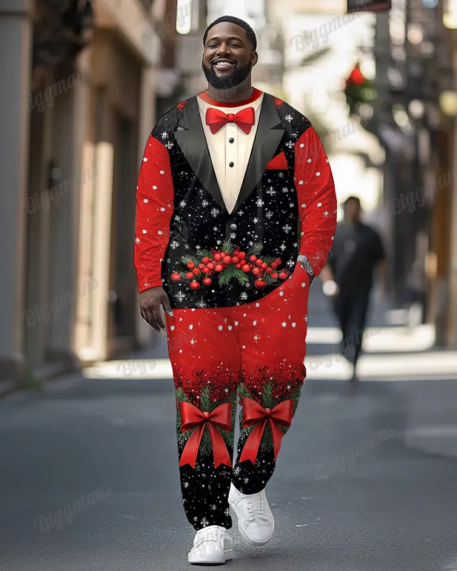 Men's Plus Size Christmas Cosplay Bow Suit Printed Long Sleeve T-Shirt Trousers Suit sold by Biggmans