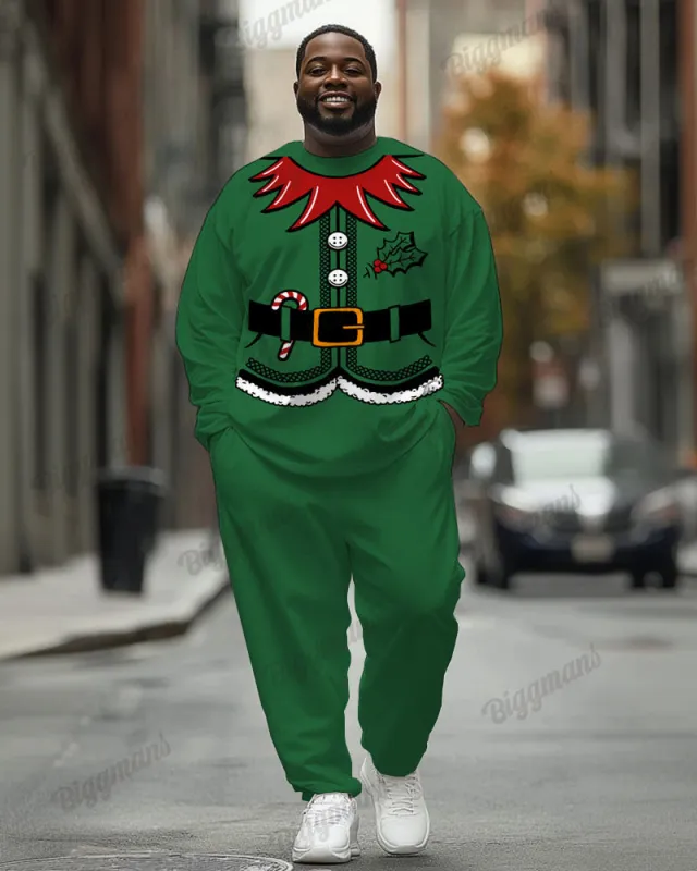 Men's Plus Size Christmas Cosplay Green Elf Print Long Sleeve T-Shirt Trousers Suit sold by Biggmans