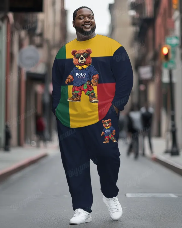 Men's Plus Size Colorblock Striped Bear Print Long Sleeve T-Shirt Trousers Suit sold by Biggmans