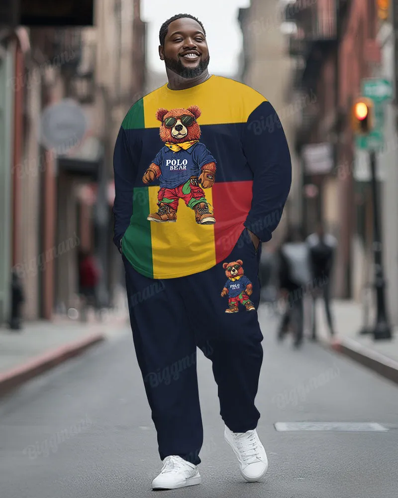Men's Plus Size Colorblock Striped Bear Print Long Sleeve T-Shirt Trousers Suit sold by Biggmans