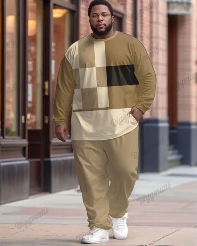 Men's Plus Size Khaki Colorblock Striped Geometric Print Long Sleeve T-Shirt Trousers Suit sold by Biggmans