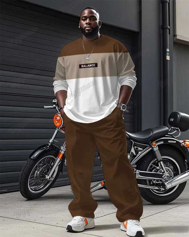 Men's Plus Size Brown Striped Alphabet Print Long Sleeve T-Shirt Trousers Suit sold by Biggmans