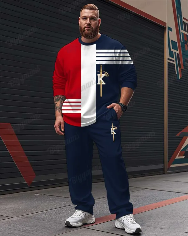 Men's Plus Size Blue And Red Color Block Striped K Letter Printed Long Sleeve T-shirt Trousers Suit sold by Biggmans