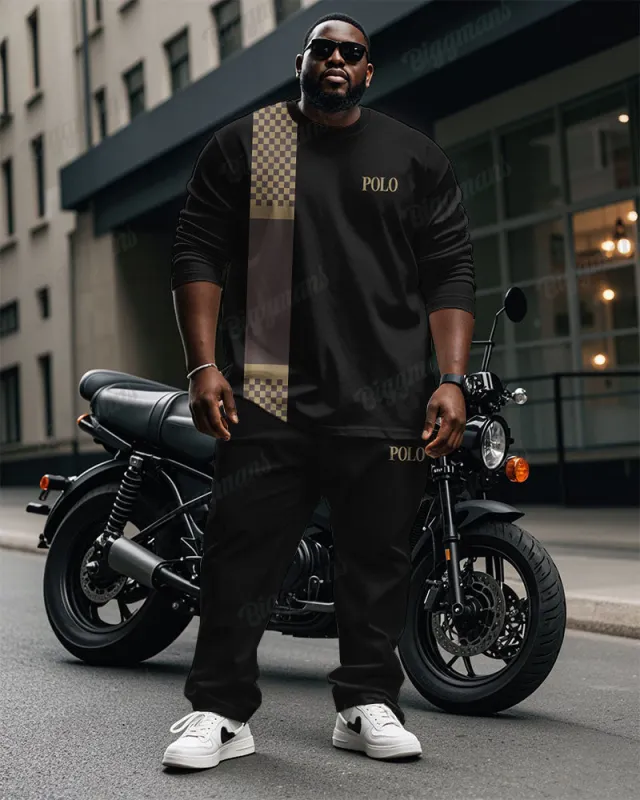 Men's Big & Tall Simple Plaid Patchwork Letter Printing Long Sleeve T-Shirt Trousers Set sold by Biggmans