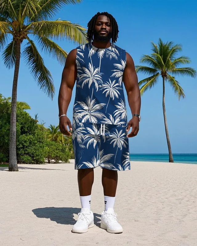 Men's Big Size Fashion Tropical White Coconut Trees Printed Hawaiian Vest and Shorts Set made by Biggmans