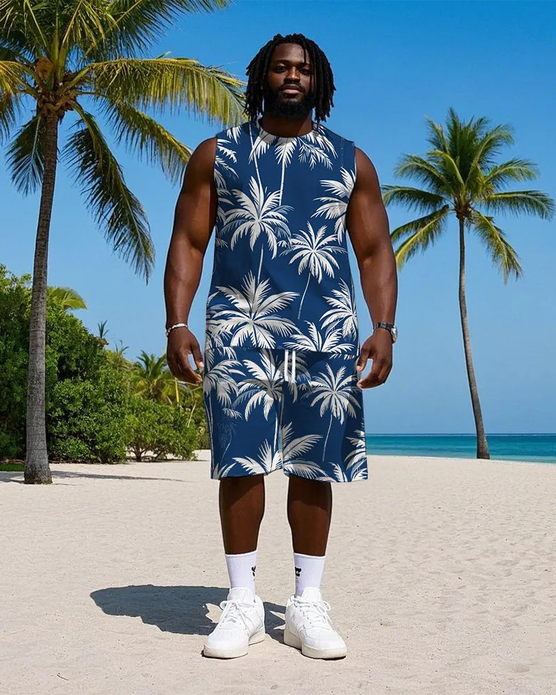 Men's Big Size Fashion Tropical White Coconut Trees Printed Hawaiian Vest and Shorts Set sold by Biggmans