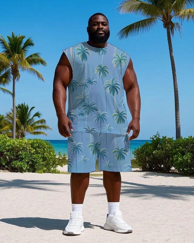 Men's Big Size Simple Tropical Coconut Trees Printed Hawaiian Vest and Shorts Set made by Biggmans