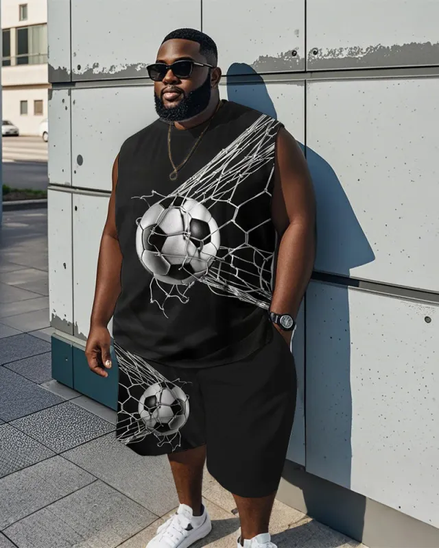 Men's Plus Size Black Football Into The Net Printed Vest Shorts Suit made by Biggmans
