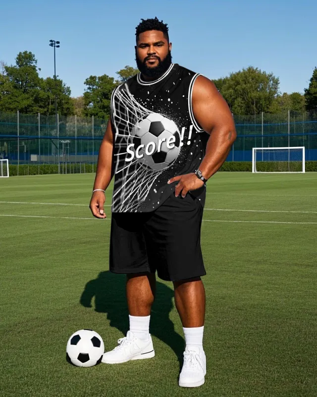 Big Men's Fashion Score! Football In The Net Printed Round Neck Casual Vest and Shorts Set made by Biggmans