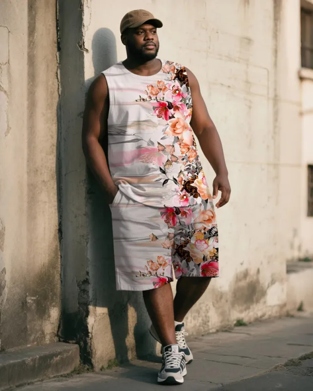 Big & Tall Men's White Vintage Striped Floral Print Tank Top Shorts Suit made by Biggmans