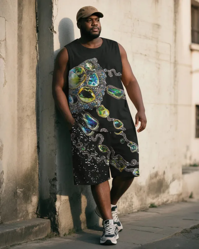 Big & Tall Men's Black Vintage Luxury Gemstone Chain Print Vest Shorts Suit made by Biggmans