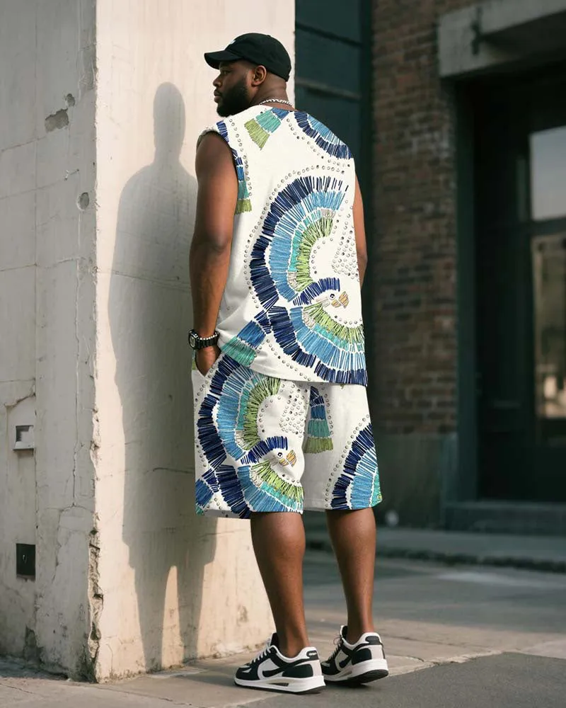 Big & Tall Men's White Vintage Graffiti Bird Print Tank Shorts Suit sold by Biggmans product image thumbnail 4