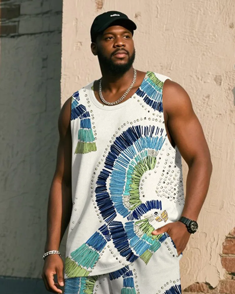 Big & Tall Men's White Vintage Graffiti Bird Print Tank Shorts Suit sold by Biggmans product image thumbnail 2