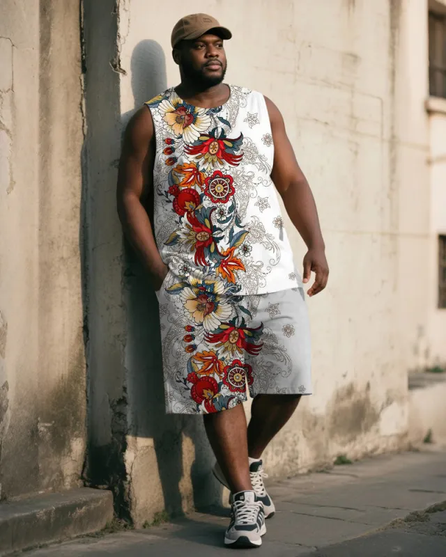 Big & Tall Men's White Vintage Floral Print Tank Shorts Suit made by Biggmans