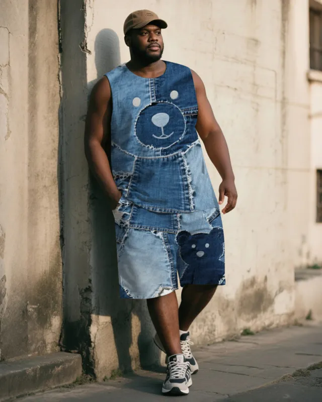 Big & Tall Men's Blue Denim Bear Print Vest Shorts Suit made by Biggmans