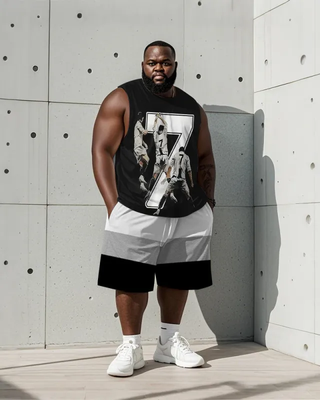 Men's Plus Size Black Gray Striped Size 7 Football Printed Vest Shorts Suit made by Biggmans
