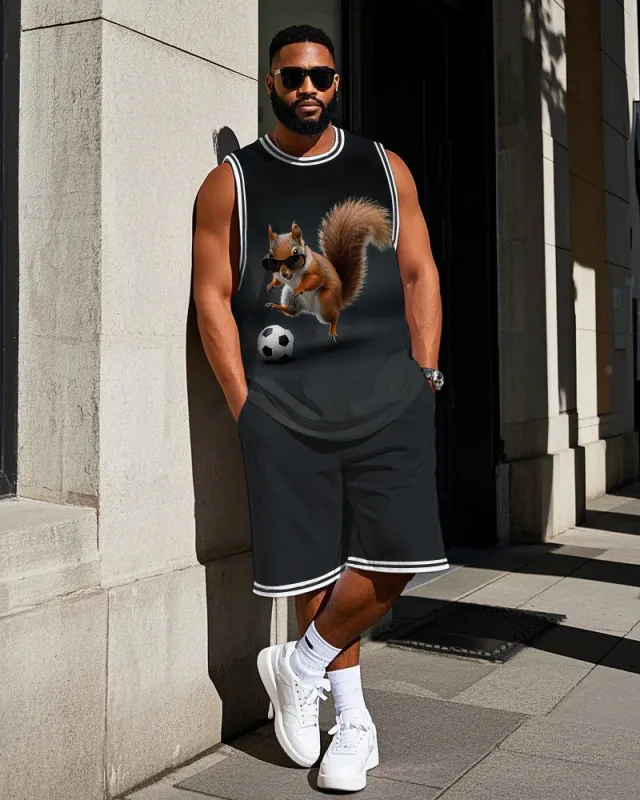 Men's Big Size Cute Cartoon Squirrel Playing Football Printed Basketball Vest and Shorts Set sold by Biggmans