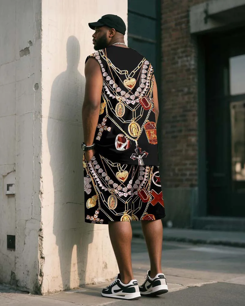 Big & Tall Men's Black Vintage Luxury Chain Printed Vest Shorts Suit sold by Biggmans product image thumbnail 4