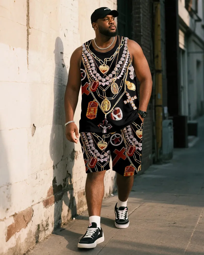 Big & Tall Men's Black Vintage Luxury Chain Printed Vest Shorts Suit sold by Biggmans