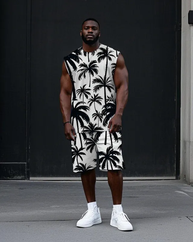 Big Men's Casual Fashion Black Coconut Trees Printed Hawaiian Vest and Shorts Set sold by Biggmans