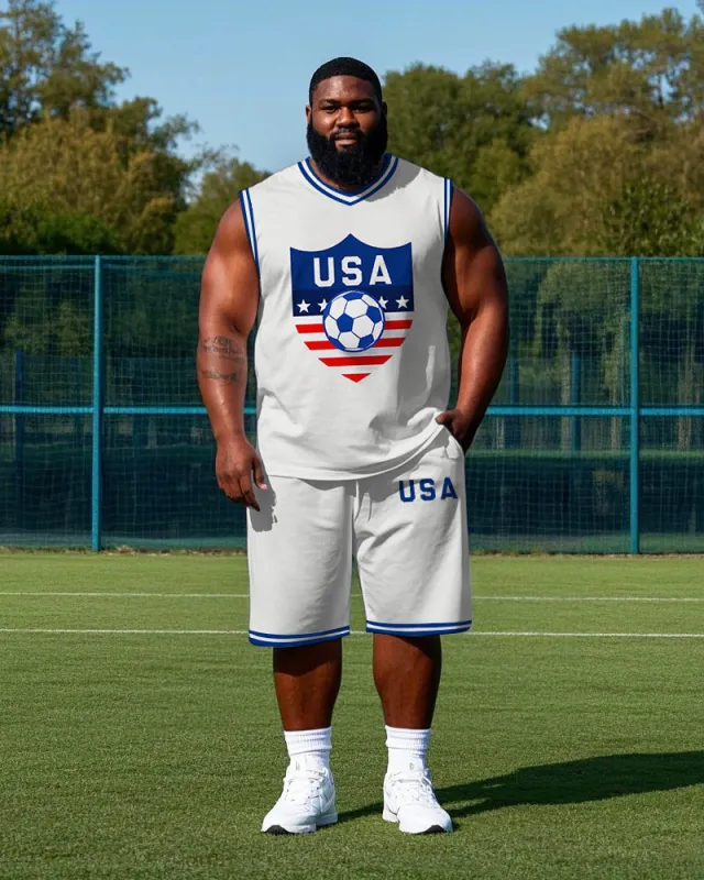 Big Men's USA Uniform Football Pattern Printed Round Neck Basketball Vest and Shorts Set sold by Biggmans