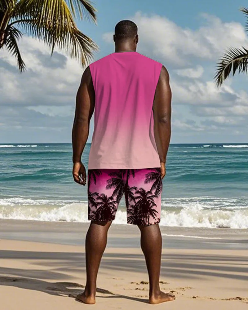 Men's Plus Size Hawaiian Pink Gradient Coconut Tree Letter Print Tank Shorts Suit sold by Biggmans product image thumbnail 4