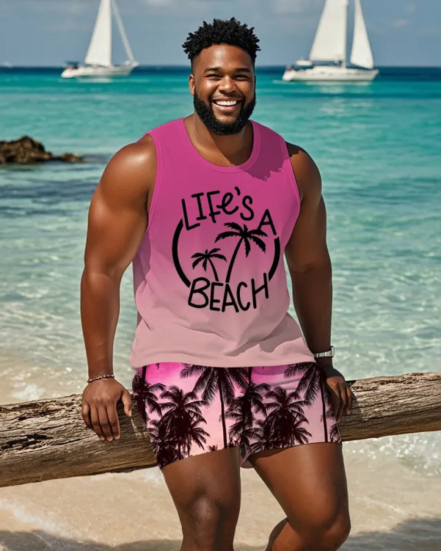 Men's Plus Size Hawaiian Pink Gradient Coconut Tree Letter Print Tank Shorts Suit made by Biggmans