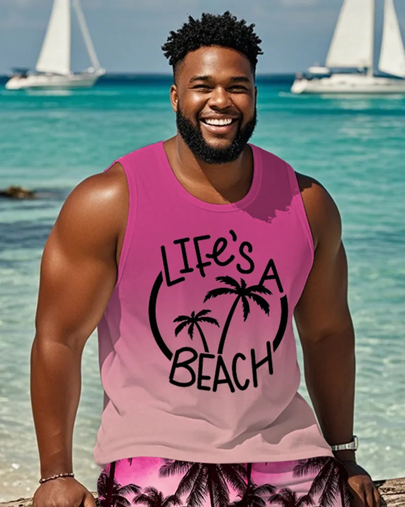 Men's Plus Size Hawaiian Pink Gradient Coconut Tree Letter Print Tank Shorts Suit sold by Biggmans product image thumbnail 2