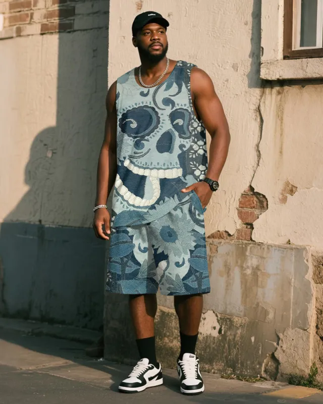Big & Tall Men's Blue Denim Skull Print Vest Shorts Suit made by Biggmans