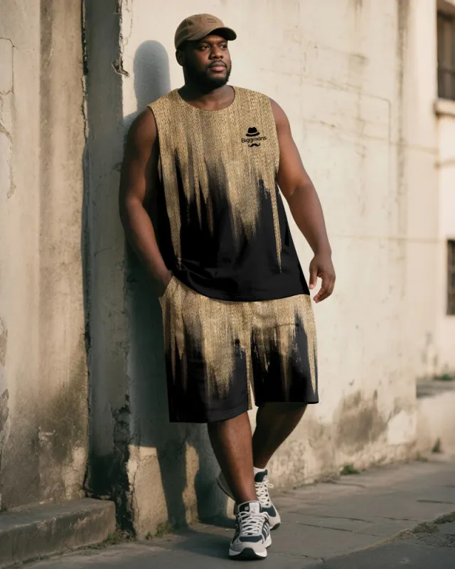 Big & Tall Men's Khaki Vintage Gradient Print Vest Shorts Suit sold by Biggmans