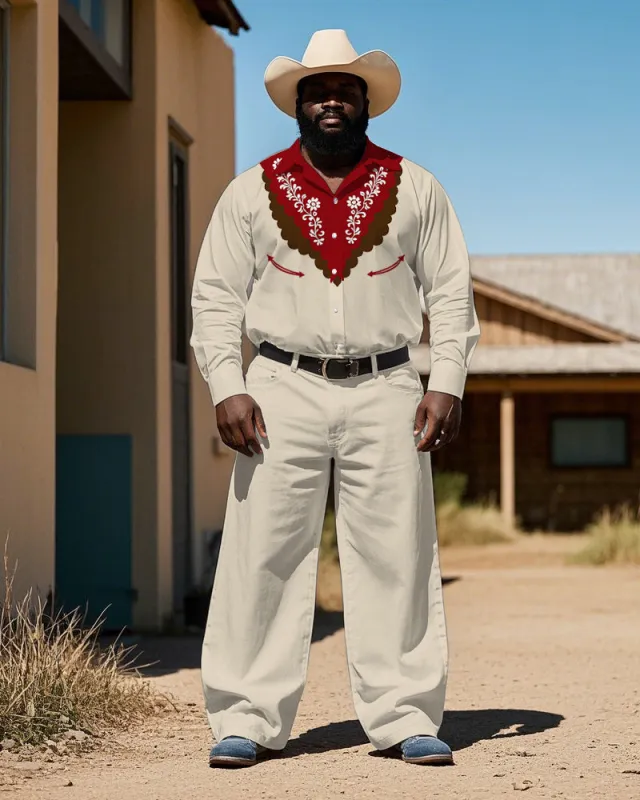 Western Cowboy Style Red Floral Printed Big Men's Long Sleeve Shirt Pants Set sold by Biggmans