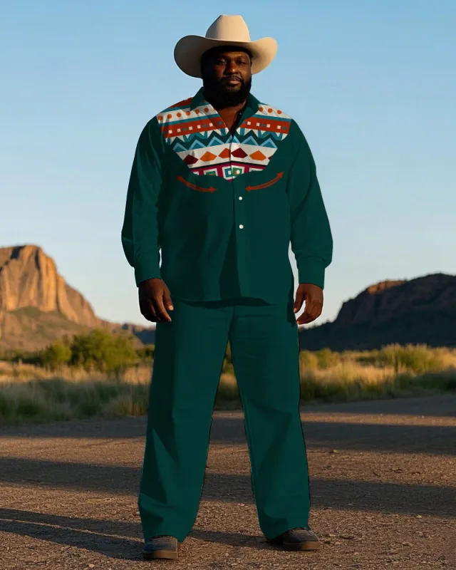 Men's Cowboy Western Style Geometric Pattern Printed Big and Tall Long Sleeve Shirt Pants Set sold by Biggmans