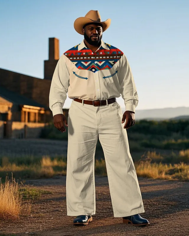 Big Men's Cowboy Western Style Retro Geometric Pattern Printed Long Sleeve Shirt Pants Set sold by Biggmans