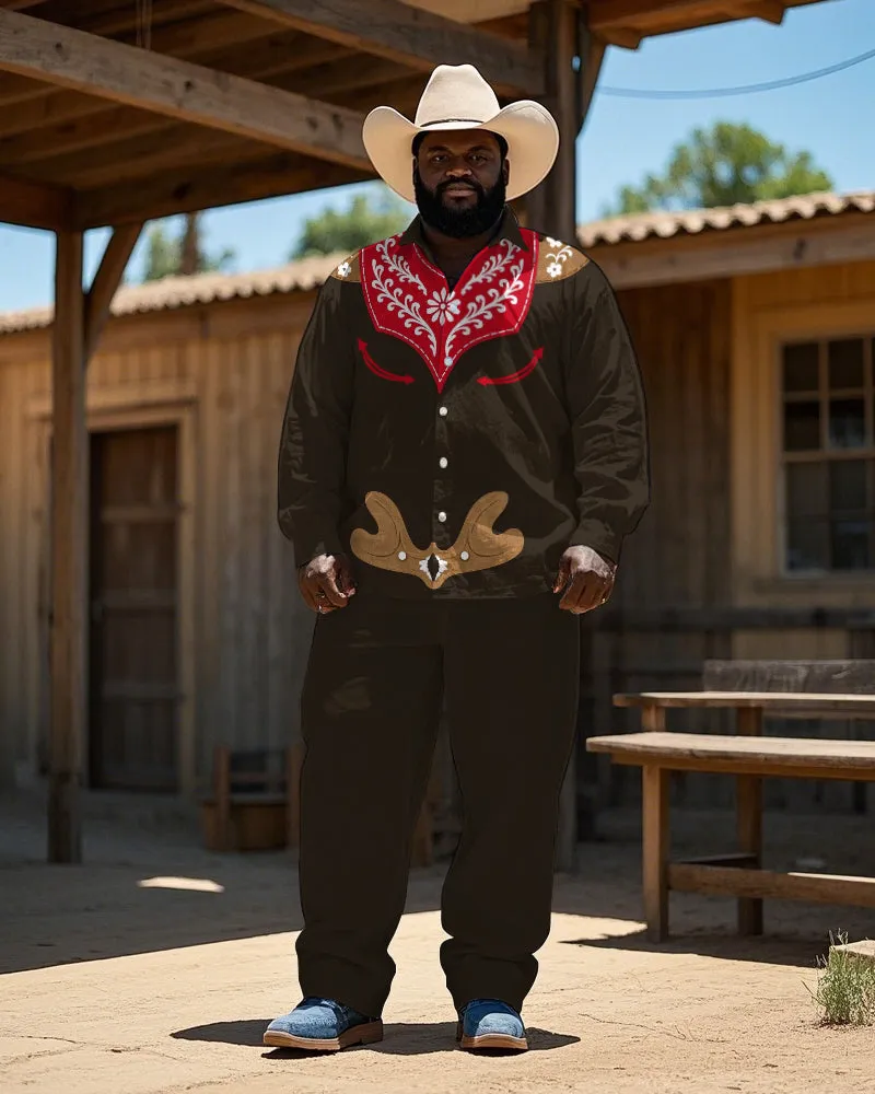 Western Cowboy Style Cartoon Pattern Floral Printed Big Men's Long Sleeve Shirt Trousers Set sold by Biggmans