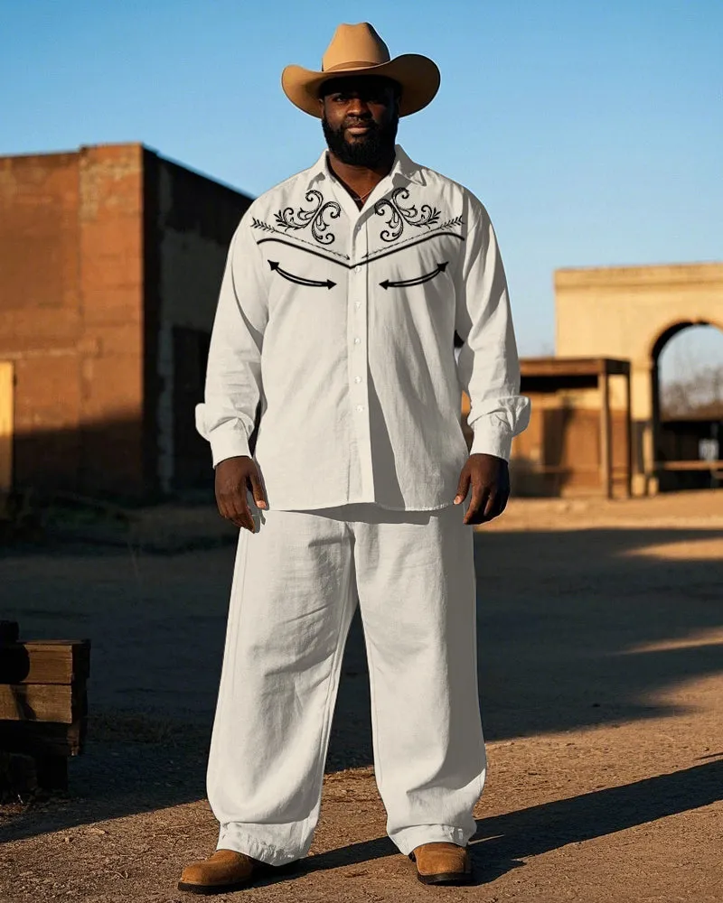 Big Guy's Western Cowboy Style Simple Embroidery Printed Casual Long Sleeve Shirt Pants Set sold by Biggmans