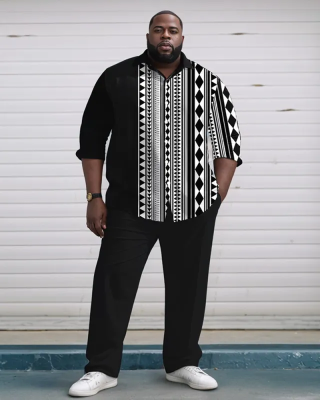 Men's Plus Size Black Spell Geometric Print Long Sleeve Shirt Trousers Suit sold by Biggmans
