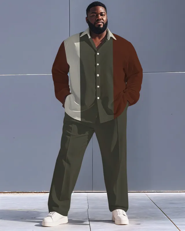 Men's Plus Size Army Green Brown Color-block Vertical Stripe Print Long Sleeve Shirt Trousers Suit sold by Biggmans