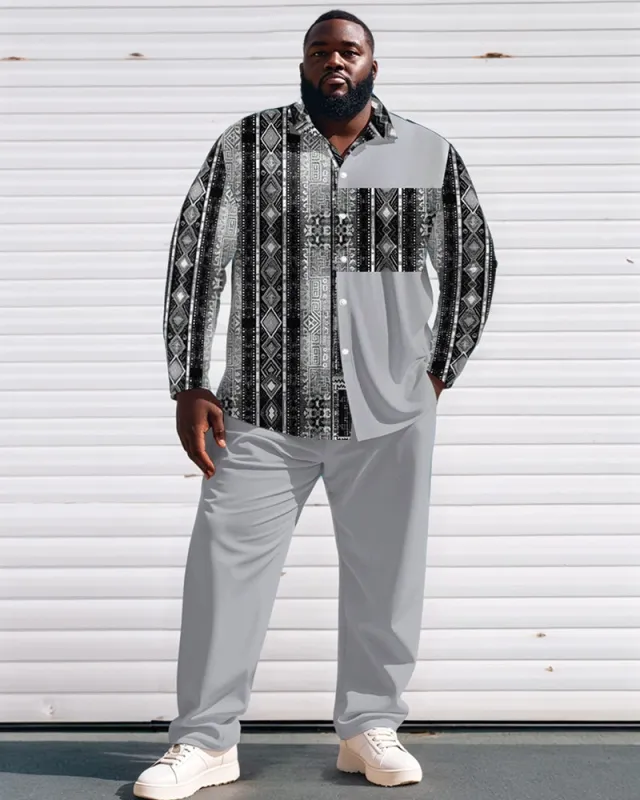 Men's Plus Size Grey Patchwork Ethnic Geometric Print Long Sleeve Shirt Trousers Suit sold by Biggmans
