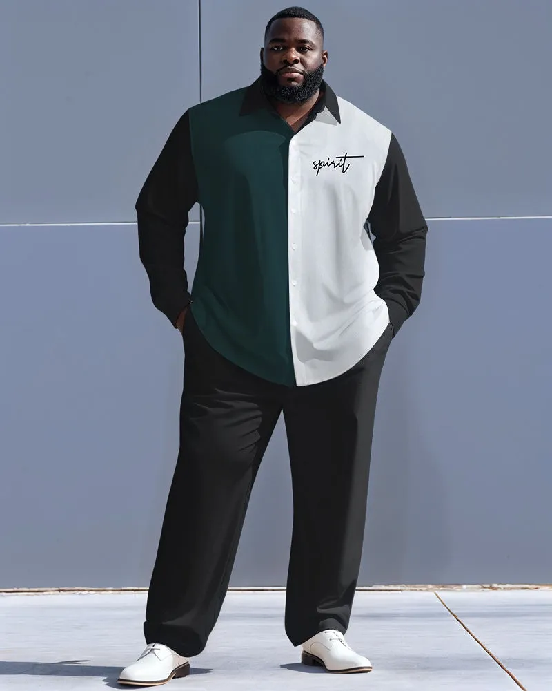 Men's Plus Size Green White Black Colorblock Letter Print Long Sleeve Shirt Trousers Suit sold by Biggmans