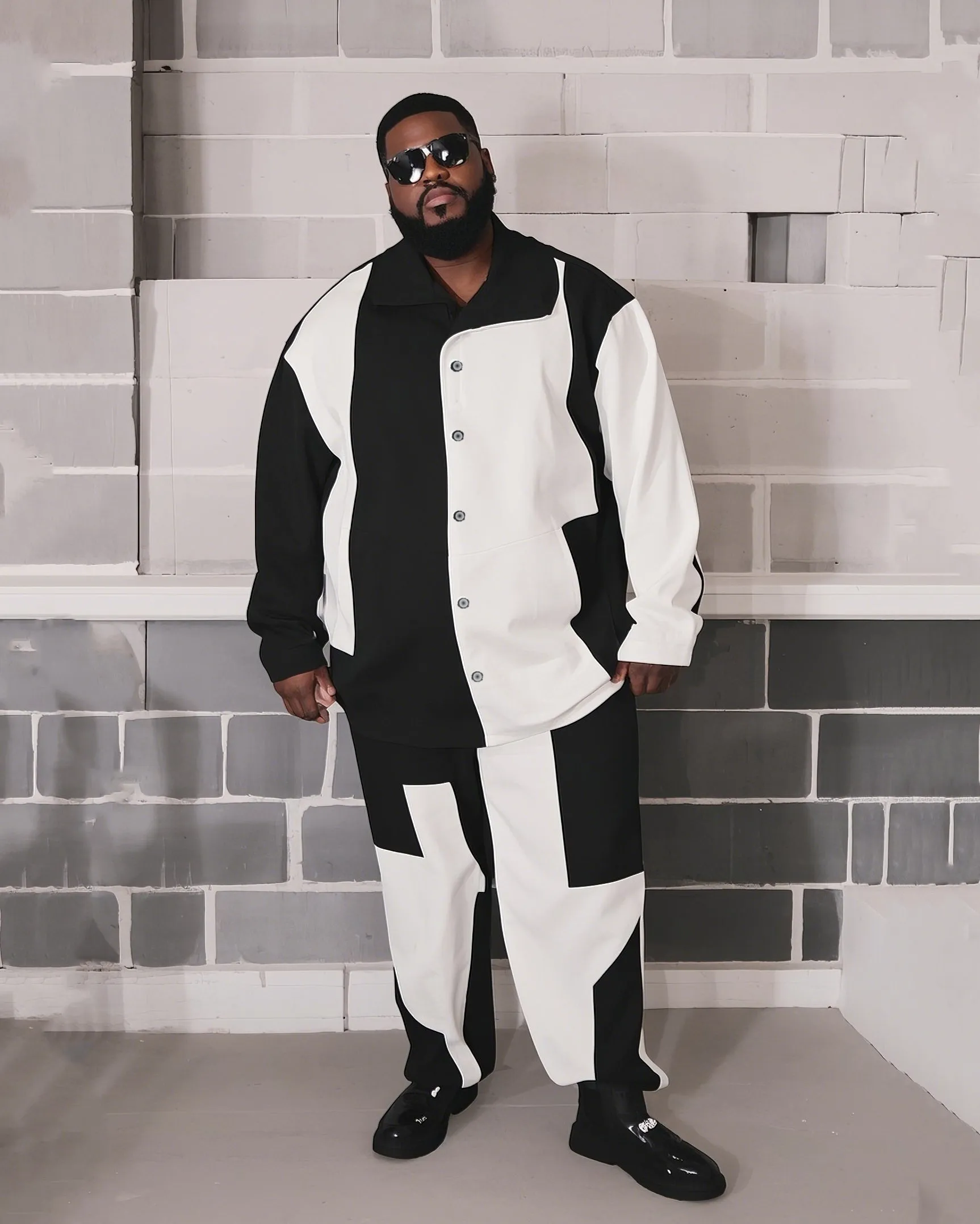Men's Plus Size Black And White Colorblock Printed Long Sleeve Shirt Trousers Suit sold by Biggmans