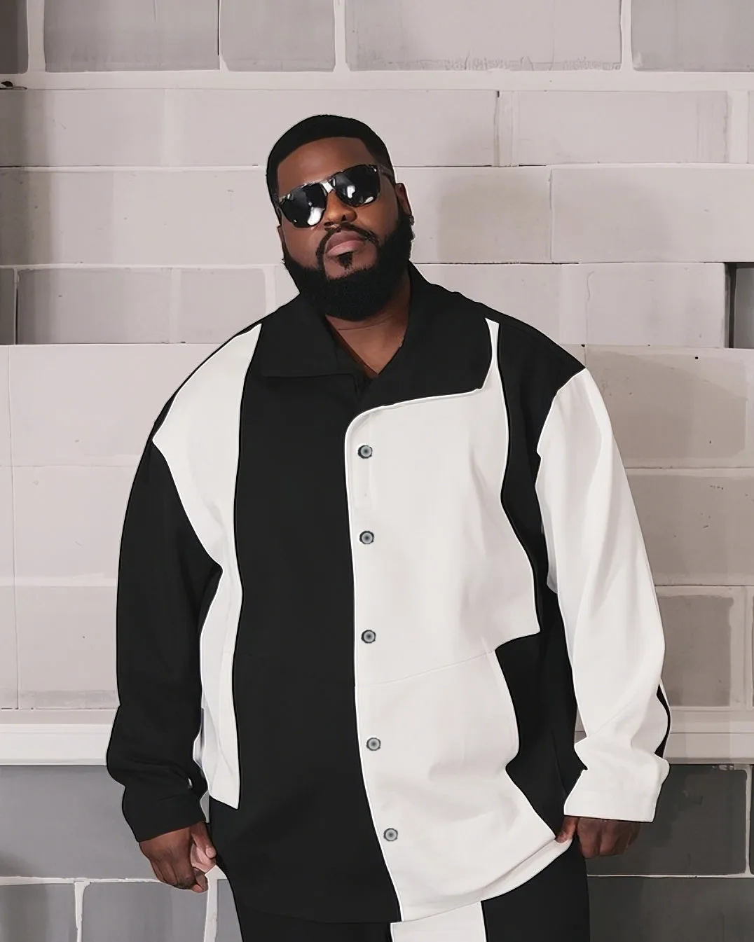 Men's Plus Size Black And White Colorblock Printed Long Sleeve Shirt Trousers Suit sold by Biggmans product image thumbnail 2