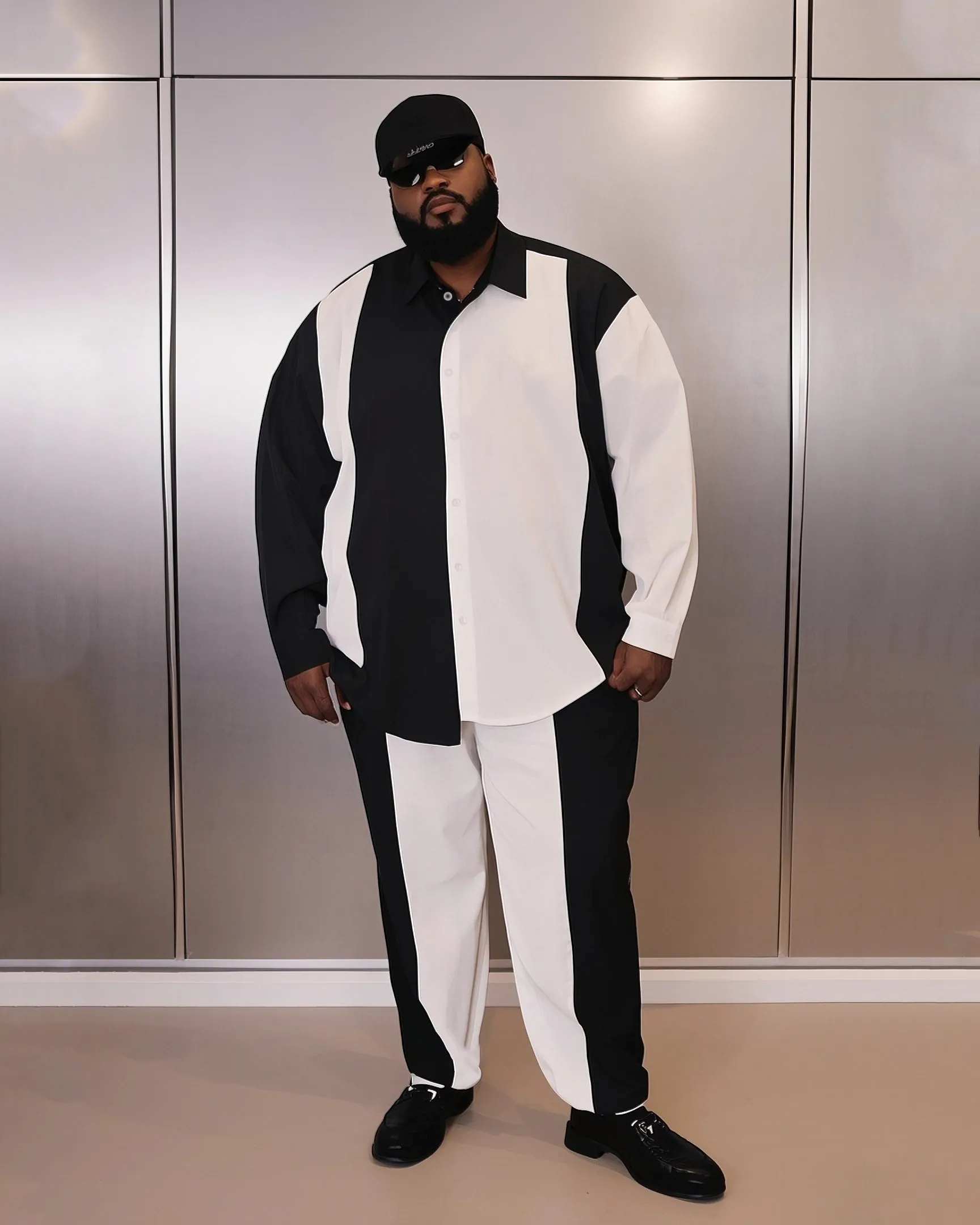 Men's Plus Size Simple Black And White Colorblock Printed Long Sleeve Shirt Trousers Suit sold by Biggmans