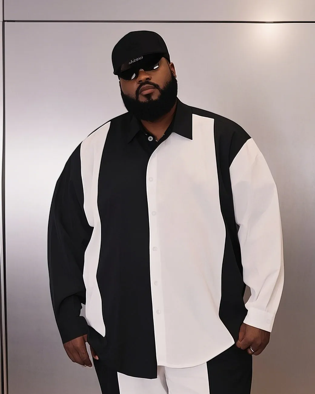 Men's Plus Size Simple Black And White Colorblock Printed Long Sleeve Shirt Trousers Suit sold by Biggmans product image thumbnail 2