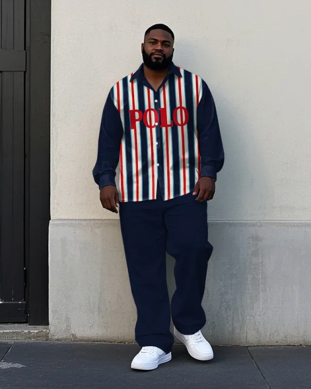 Men's Simple Regular Vertical Stripe & POLO Letter Printed Big & Tall Long Sleeve Shirt Pants Set sold by Biggmans