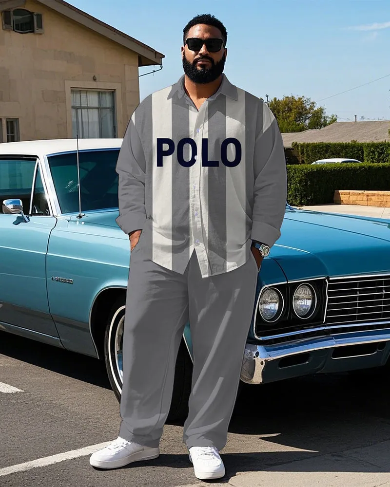 Big Guy's Simple Style POLO Letter with Gray & White Stripe Printed Long Sleeve Shirt Pants Set sold by Biggmans